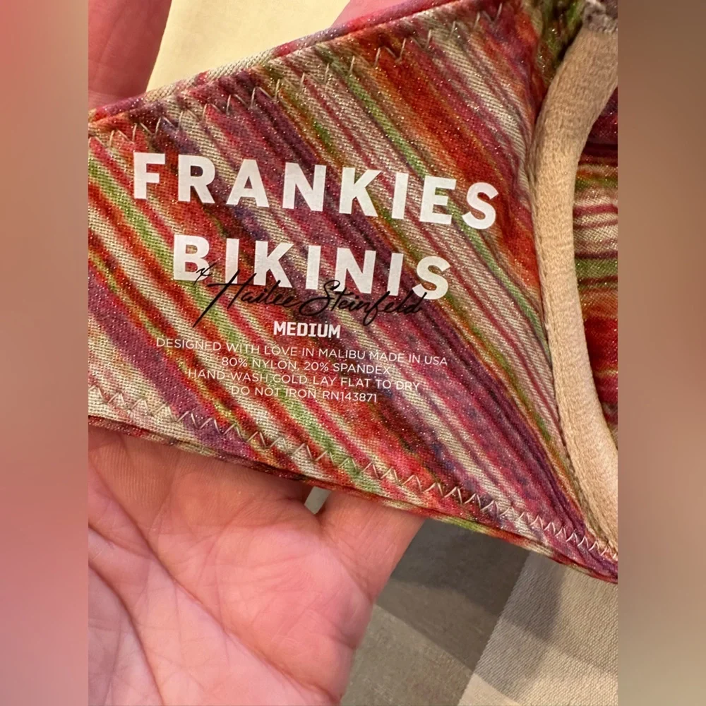 Frankie's Bikinis Multicolor Pink Red Stripe Halter Bikini Top